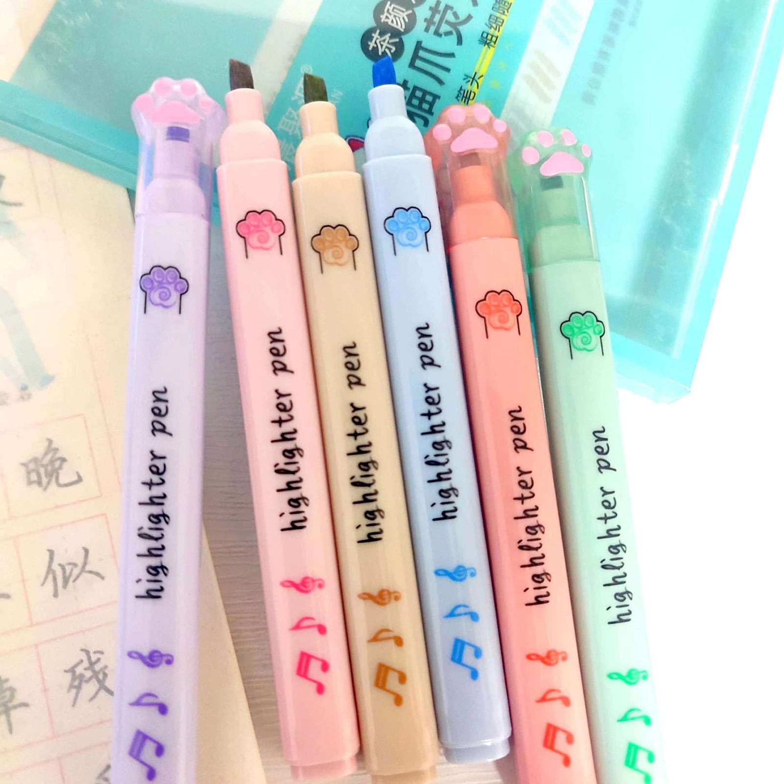 6 Pcs/lot Cute Cat Paw Highlighter Pens Set Dual-side Brush 2 Color in 1  Marker Liner, Student Highlighters 