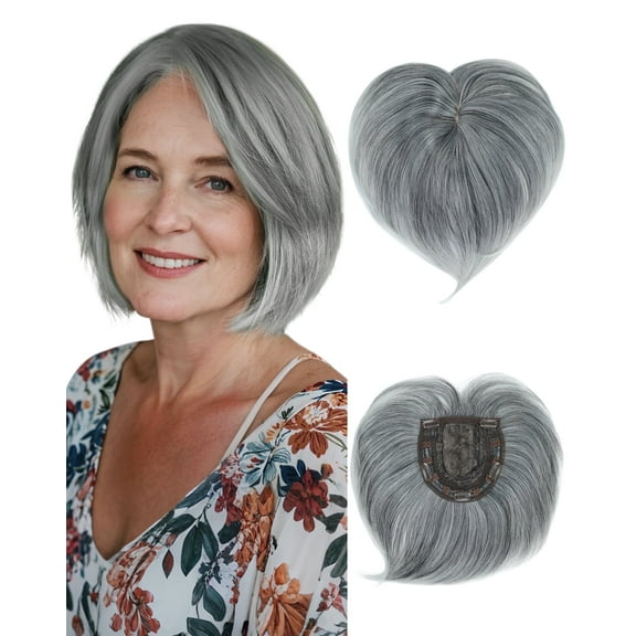Creamily  Hair Toppers for Women Short Bob Natural Synthetic Hair with Bangs 8.5" Side Part Hairpieces for Women with Thin Hair 6" × 6" Larger Base  Wig Toppers(grey)