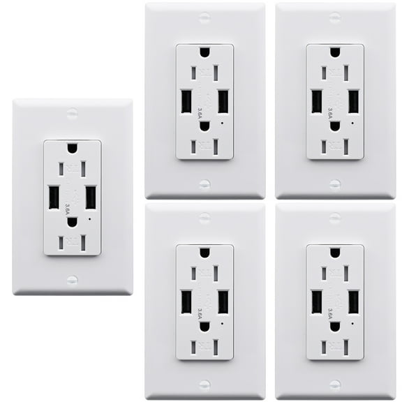 Greencycle 3.6A 2-Port USB Wall Outlet, 15 Amp Tamper Resistant Receptacles with Dual USB Type A Charging Ports, 15A/125V/1875W, UL Listed 5 Pack White