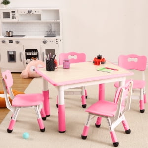 Kids Table and 4 Chairs Set, Toddler Height Adjustable Desk with Graffiti Desktop, Non-Slip Legs, Max 300lbs,Arts & Crafts Table,Children Multi-Activity Table for Classrooms,Home,Daycares