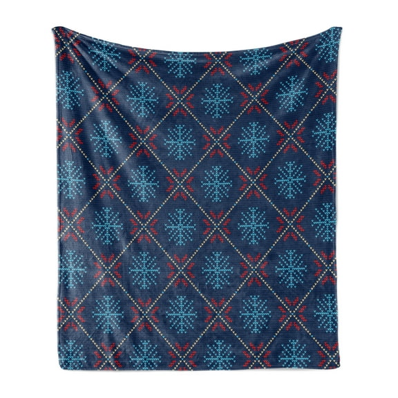 Nordic Soft Flannel Fleece Blanket, Checkered Pattern with Vintage Snowflake Motifs Norwegian Traditional Xmas, Cozy Plush for Indoor and Outdoor Use, 50" x 60", Blue Beige Scarlet, by Ambesonne