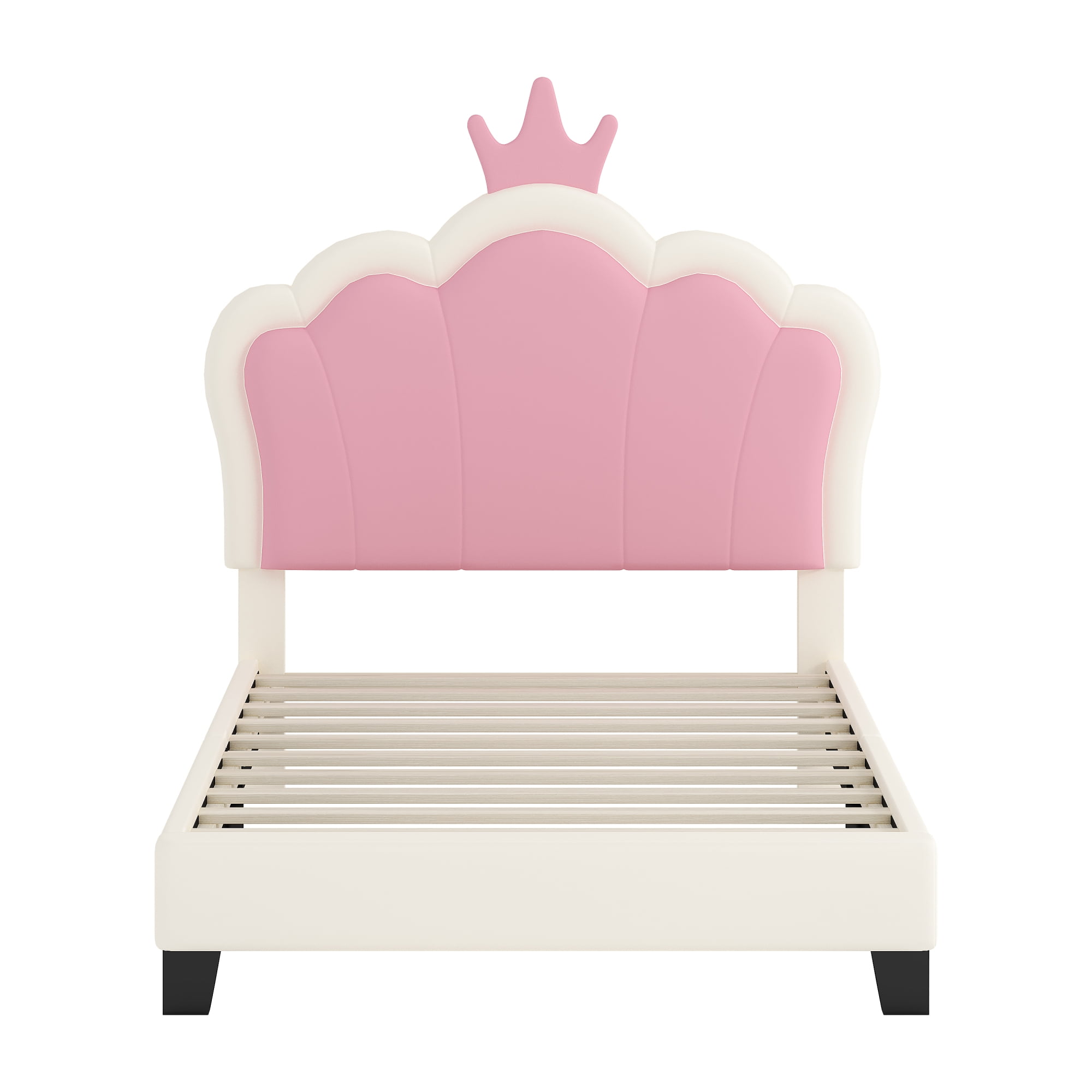 Jopath Twin Size Upholstered Bed, Princess Platform Bed with Headboard, Crown Headboard Design for Toddler Kids Teens Cream