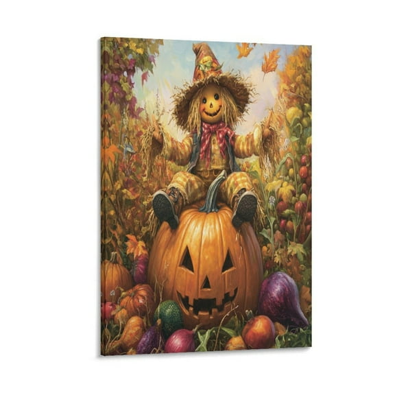 Living Room Art Autumn Harvest Fruits And Vegetables with Scarecrow Canvas Picture Pumpkin Corn Floral Thankful Canvas Prints for Office Bedroom Canvas Wall Art 8x12inch Framed Artwork