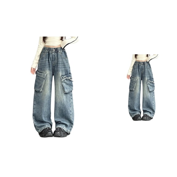 Girls Cargo Denim Pants â Wide Leg Baggy Y2K Vintage Jeans with Multi Big Pockets, Elastic High Waist Casual Fall Trousers for Girls