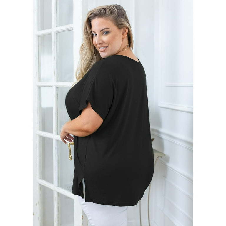 SHOWMALL Women Plus Size Tops Short Sleeve Tunic Side Slit Shirt Summer  V-Neck Blouse Black 2X Tops