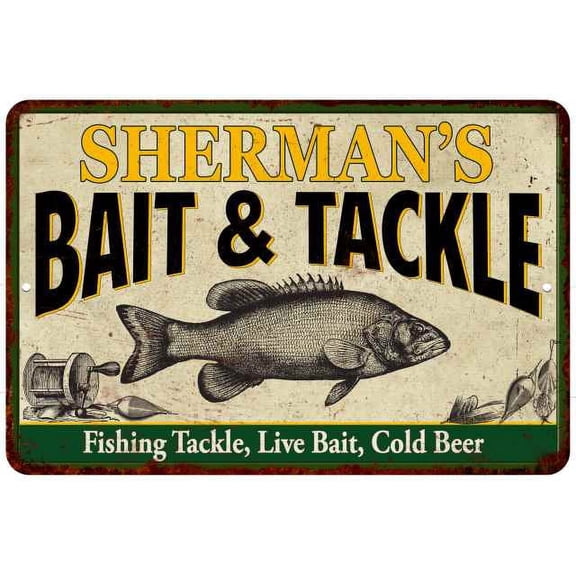 SHERMAN'S Bait & Tackle Sign 12 x 18 Matte Finish Metal 112180016396