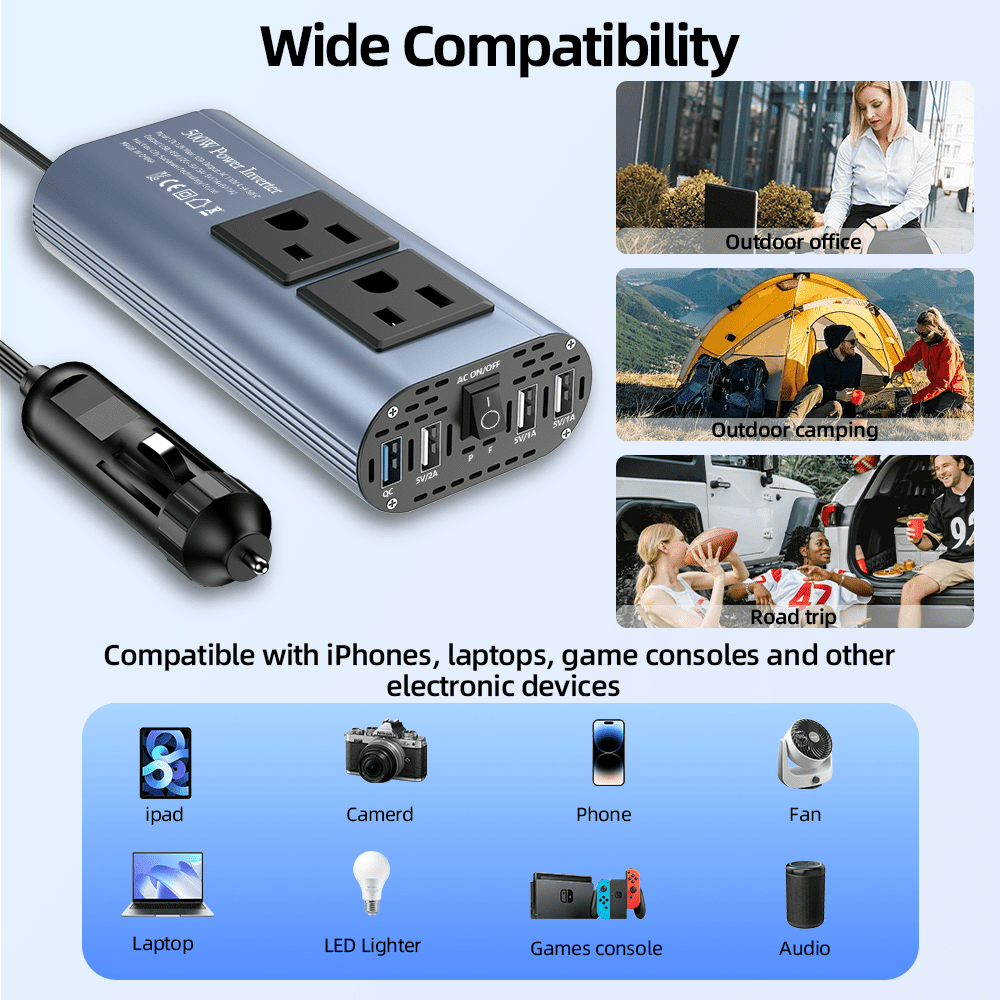TATALIKEN 500W Car Inverter, 12V DC to 110V AC w/ 2 Outlets & 4 USB Ports, for Laptop