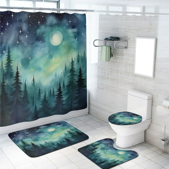 Watercolor Misty Forest Shower Curtain Set with Rugs for Bathroom Decor Fantasy Starry Sky Galaxy Moon Nature Scenery Bathroom Decor Bath Curtain with Rugs Toilet Lid Cover Bath Mat, 72x72 Inch
