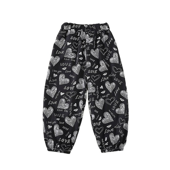 CUZIBR Boys Pants For Toddler Kids Lightweight Thin Ice Silk Pants With Black White Heart Print Comfortable Elastic Waist For Daily Casual Outdoor Party Comfort Dailywear For Child