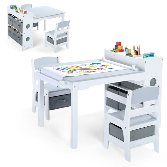 AILEEKISS Kids Table and Chair Set,Children Play Activity Desk for Drawing with 6 Drawers, Grey