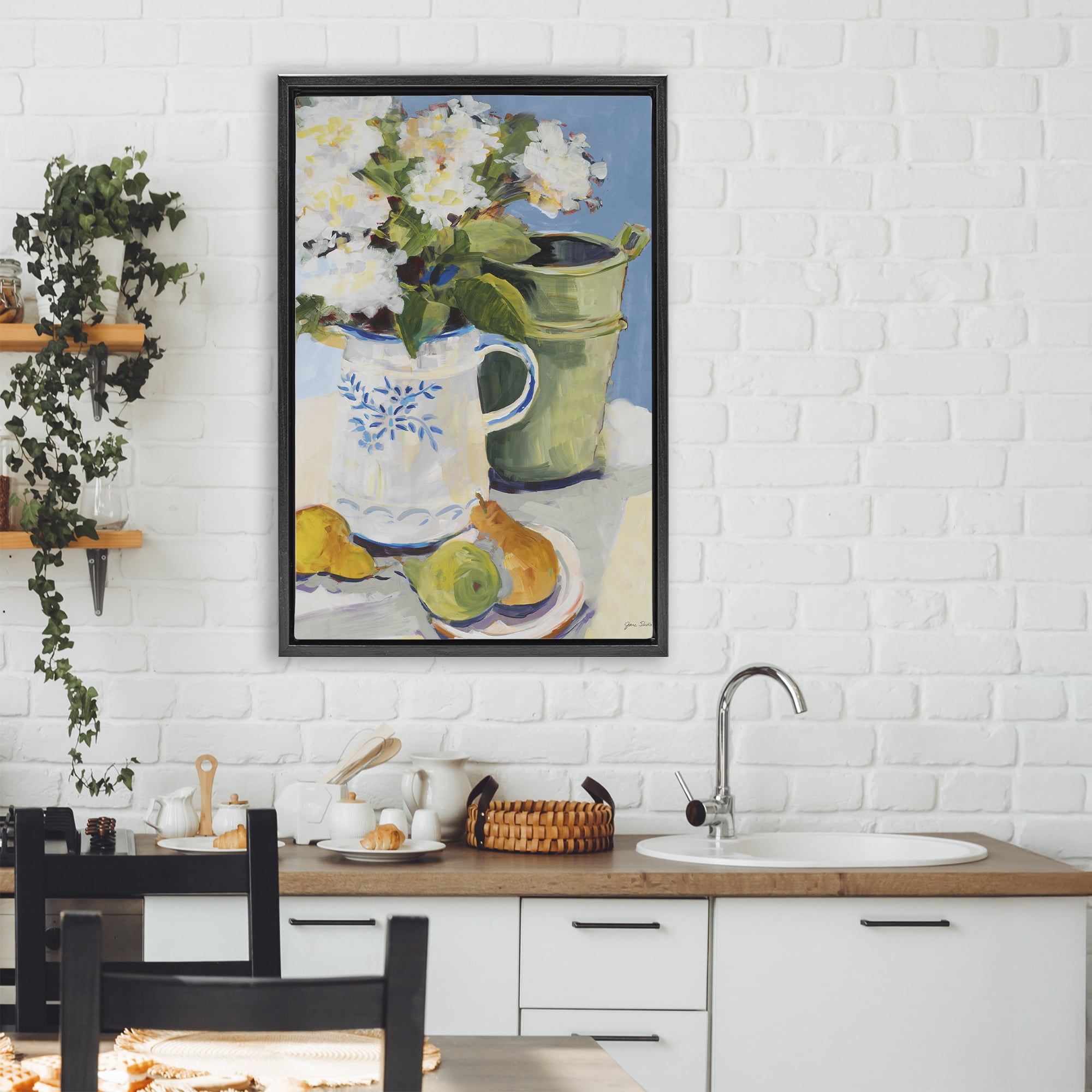 Stupell Industries Pitcher of Flowers Still Life Black Framed Floater Canvas Wall Art, design by Jane Slivka