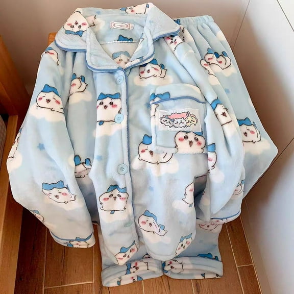 Cute Pajamas Suit Anime Usagi Hachiware Chiikawa Kawaii Cartoon Women Thickened Plush Blue Winter Coral Velvet Home Clothes