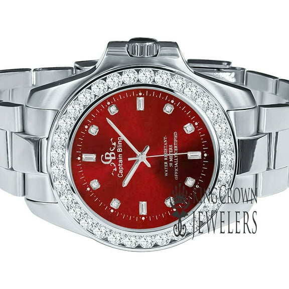 18K White Gold Finish Solid Stainless Steel Simulated Diamond Red Dial Presidential Watch 42mm