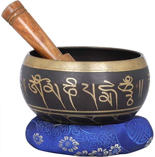 Brass Statue,Wood and Cloth Exotic India Tibetan Buddhist Singing Bowl in Yellow Hue 