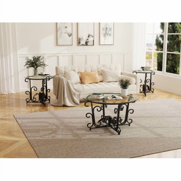 Modern Round 3-Piece Coffee Table Set 1 Coffee Table 2 End Tables with Tempered Glass Top Metal Frame Scratch Resistant Easy to Clean for Home Small Space Living Room,Black