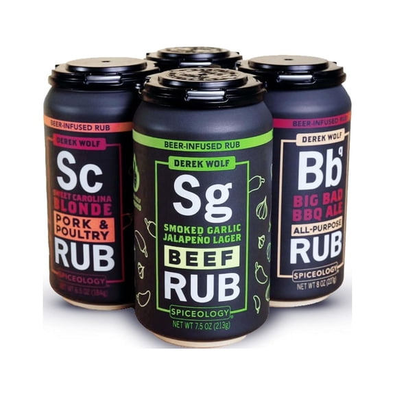 Spiceology - Derek Wolf-Beer-Infused Barbecue Spice Rubs - Flavors: Sticky Bourbon Brown Ale, Sweet Carolina Blonde, Big Bad BBQ Ale - Set of 4 w/ Resealable Lids