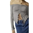 thumbnail image 2 of Wassery Women's Spring Autumn Crop Tops Ruched Drawstring Ruffle Slim Fit Tops Long Sleeve Off Shoulder T-shirt Streetwear Clubwear, 2 of 4