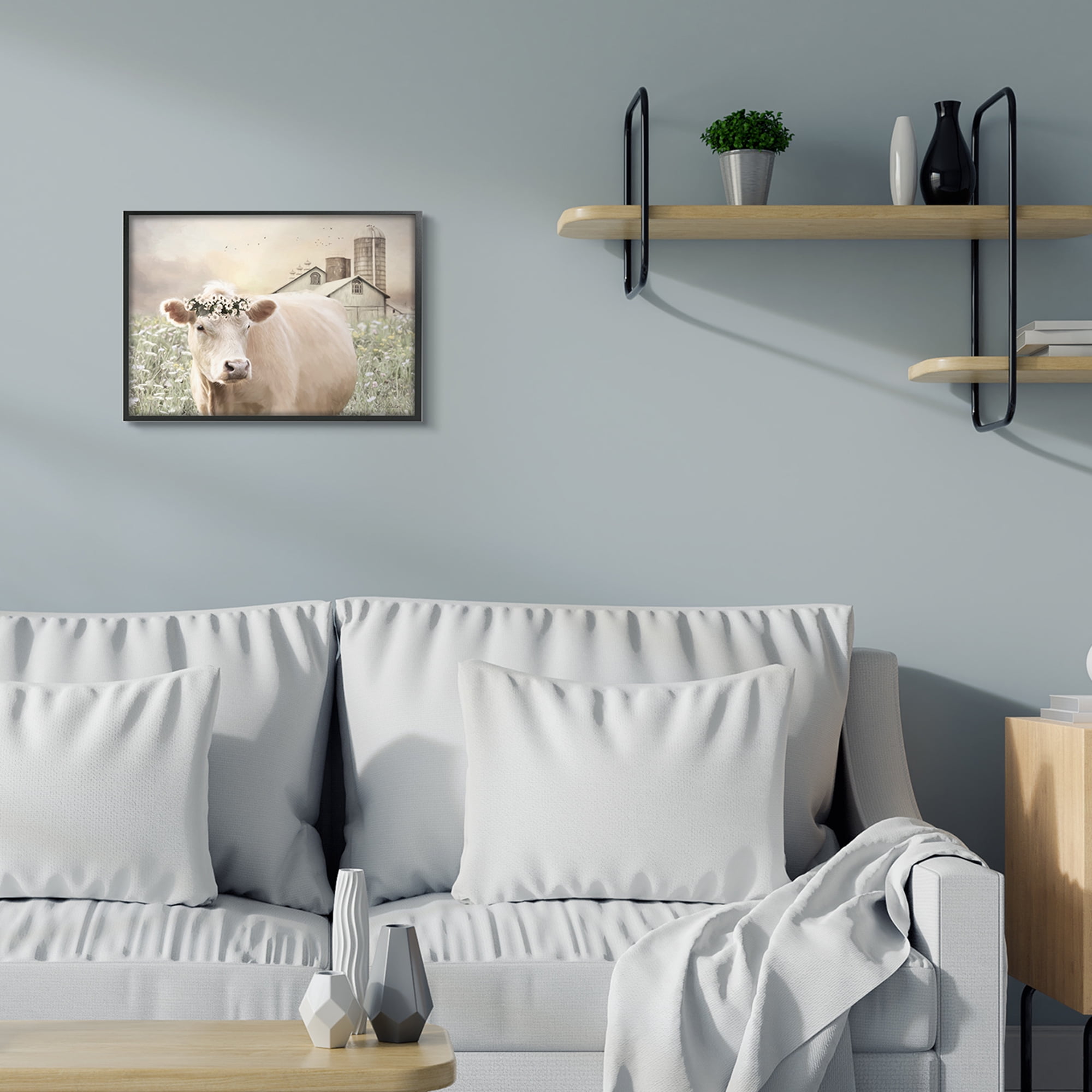 Stupell Industries Realistic Cow Floral Crown Tranquil Farm Field Graphic Art Black Framed Art Print Wall Art, 16x20, by Lori Deiter