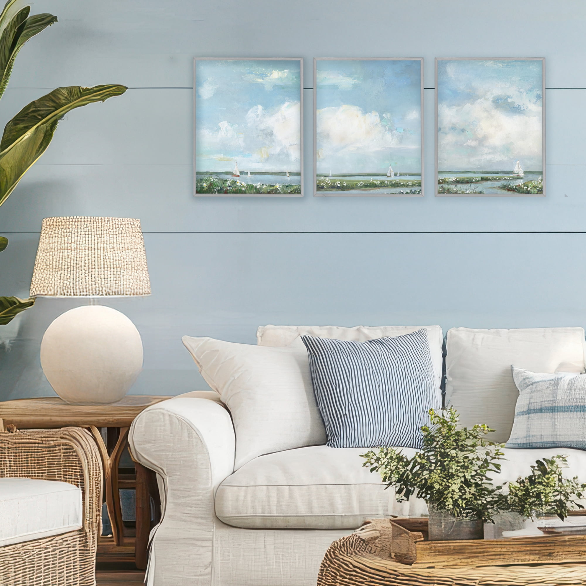 Stupell Industries Daisies Along Calm Coastline 3 Piece Gray Framed Giclee Art Set, design by Sally Swatland