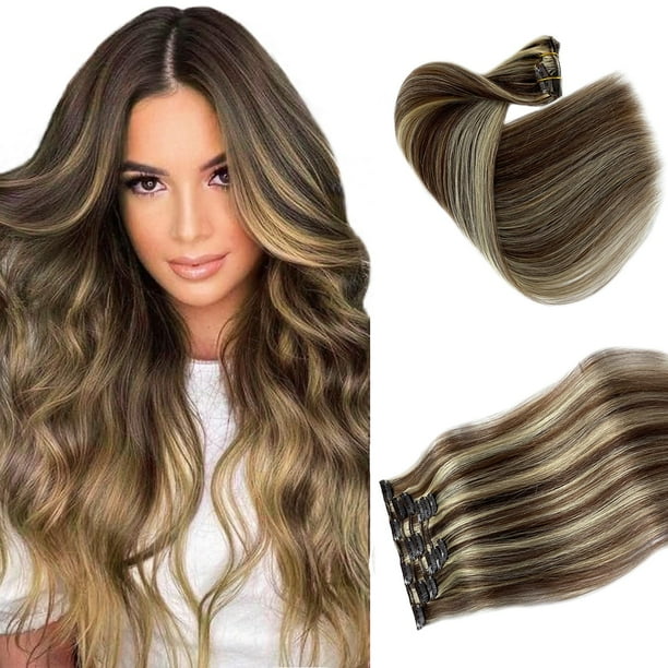 Extensiones con clip Marrón castaño a rubio blanqueado 22 pulgadas 70 g 7 piezas Extensiones de cabello rubio Balayage Recto Natural Completo Grueso Sin enredos