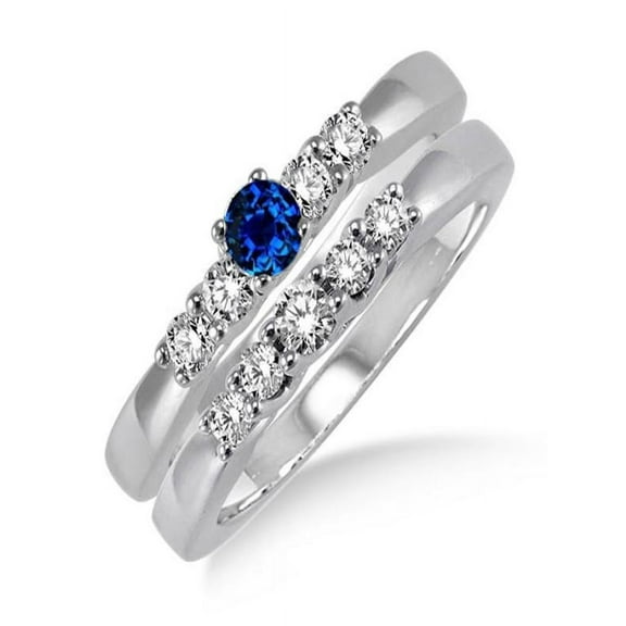 1.25 Carat Sapphire and Diamond Elegant 5 stone Bridal Set on 10k White Gold