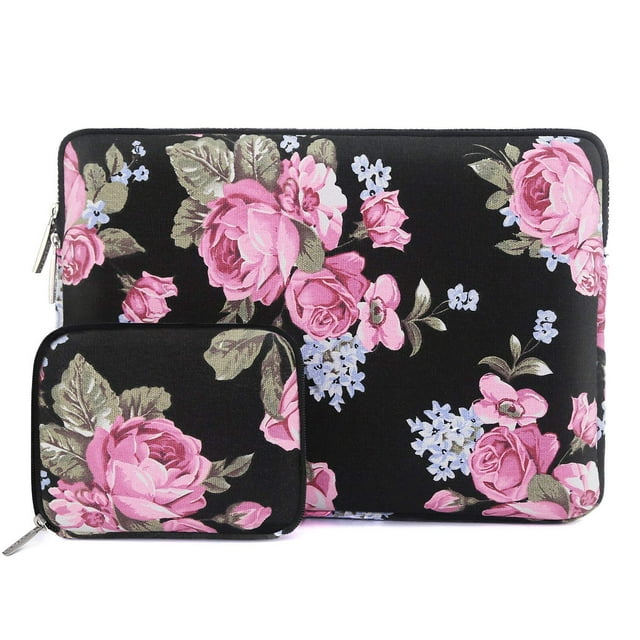 Mosiso 2017/2016 MacBook Pro 13 Inch Sleeve (A1706/A1708)/Microsoft New Surface Pro 2017/Surface Pro 4/3 Peony Pattern Canvas Laptop Bag Protective Carrying Cover with Small Case, Black