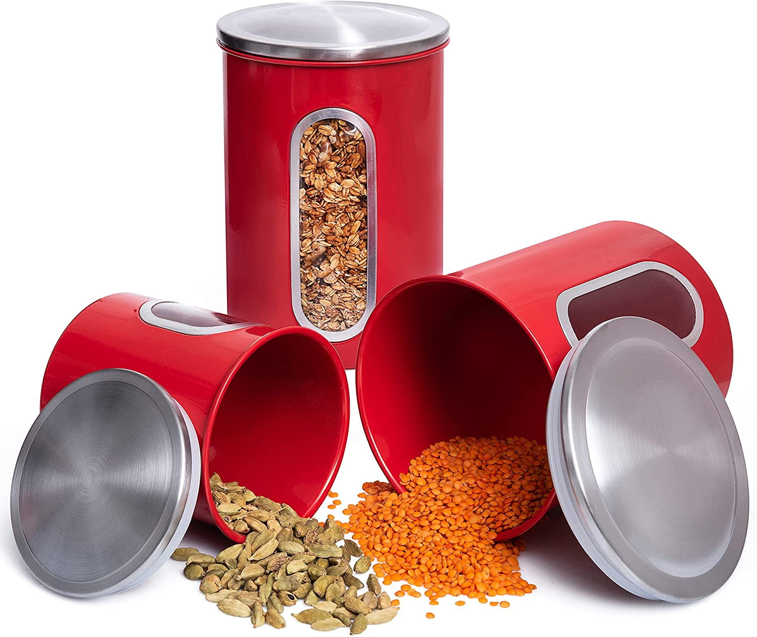 Mixpresso 3 Piece Red Canisters Sets For The Kitchen, Kitchen Jars With See Through Window, Airtight Coffee Container Tea Organizer & Sugar Canister, Kitchen Canisters Set of 3 Red Kitchen Decor.