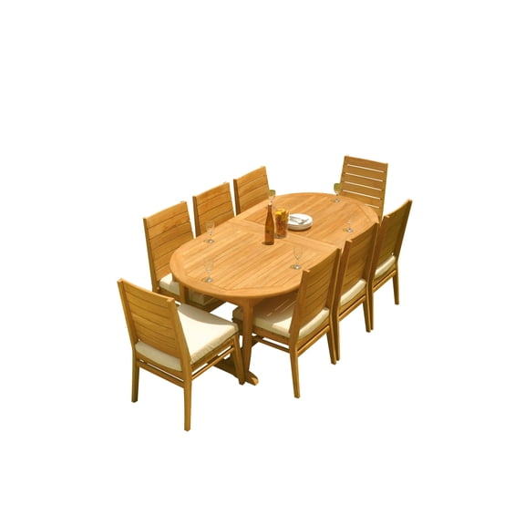 9-Piece Teak Dining Set: 117" Oval Extendable Table   8 Charleston Stacking Armless Chairs