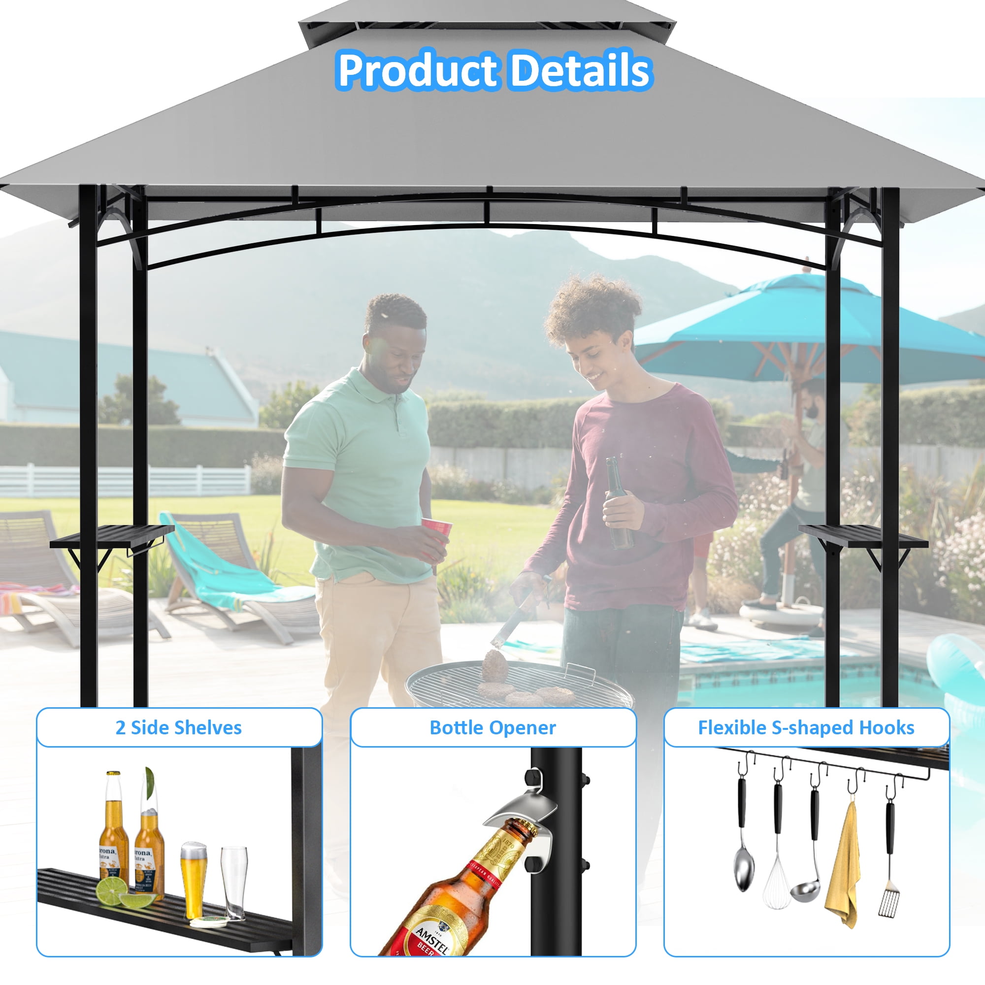 GVDV 8'x 5' Grill Gazebo Canopy, Outdoor BBQ Gazebo Shelter with 2 Side Shelves & Double-Tiered Top