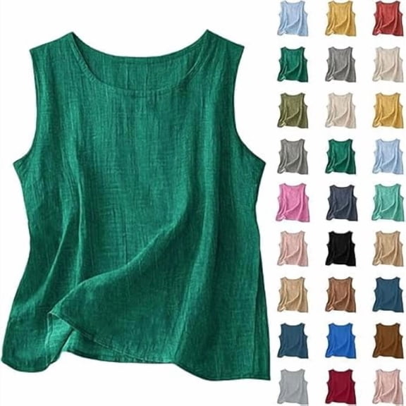 Auralook Cotton Linen Tank Tops for Women Solid Casual Summer Gauze Shirt Basic Sleeveless Round Neck Loose Vest Beach Vacation Clothes