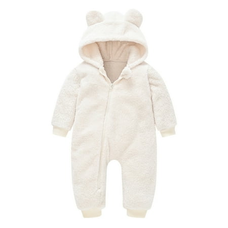 

Kid s Hooded Plush Jumpsuit with Cute Bear Ears Hood Zipper Onesie Pajamas Long Sleeve for Sleeping Daily Solid Color Winter Bodysuit Child s Home Suit White 80