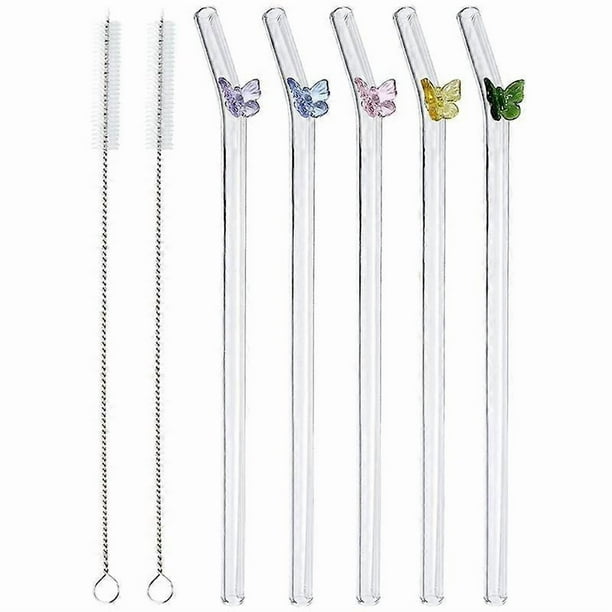 5 Pcs Reusable Glass Straws,Colorful Butterfly on Clear Straws with Design Shatter Bent Drinking Str