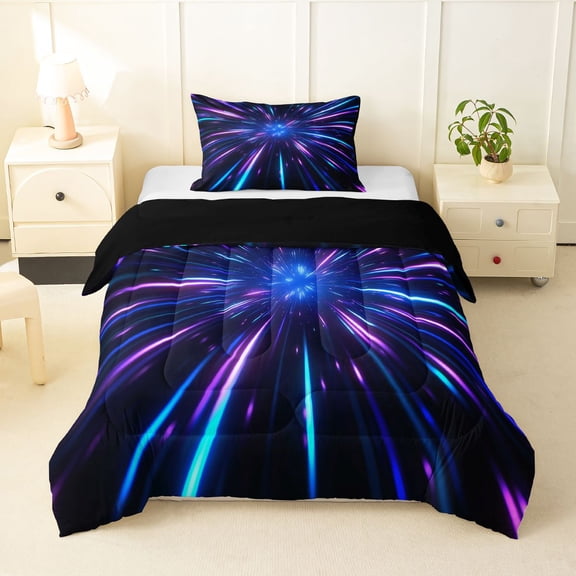 Manfei Abstract Starburst Light Twin Comforter Sets, Modern Neon Gradient Bedding Set, Blue and Purple, Black Reversible 2 Pieces, 1 Comforter and 1 Pillowcase
