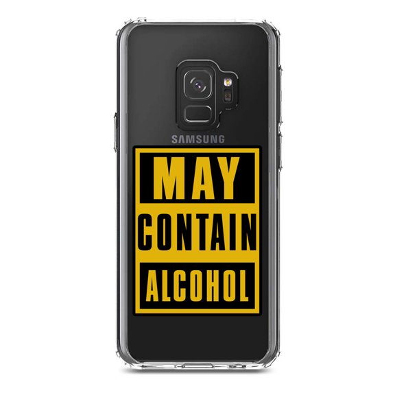 DistinctInk Clear Shockproof Hybrid Case for Samsung Galaxy S9 (5.8" Screen) - TPU Bumper Acrylic Back Tempered Glass Screen Protector - May Contain Alcohol Warning Sign