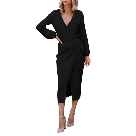 Lroplie Black Dresses for Women Wrap V Neck Long Sleeve Sweater Tie Waist Bodycon Knit Midi Elegant Womens Dress 2023 XXL