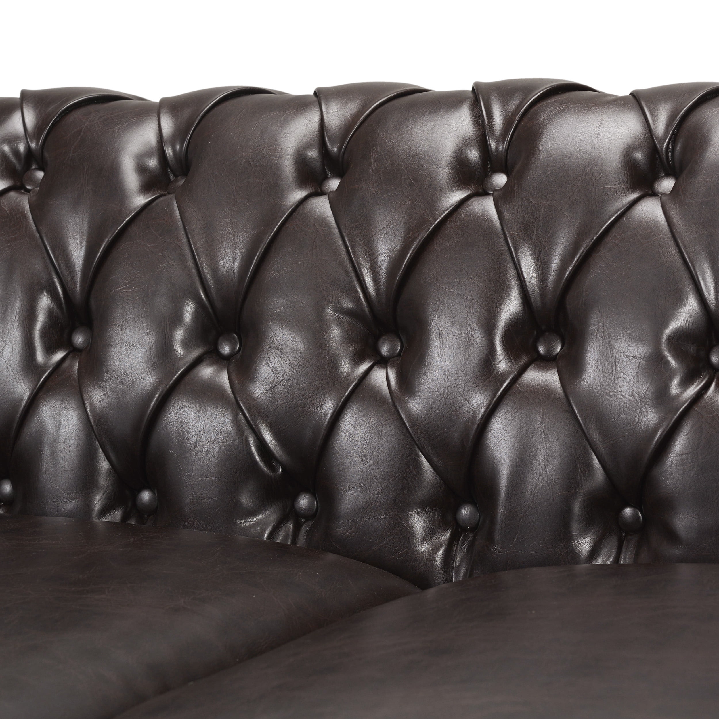 Noble House Augus 3 Seater Button Tufted Sofa, Brown, Dark Brown