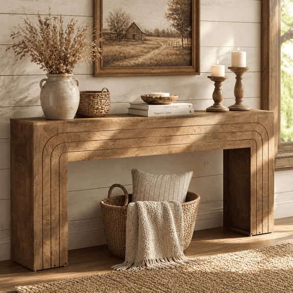 70.9-Inch Long Entryway Console Table, Farmhouse Sofa Table for Entrance and Hallway, Wood Narrow Table with Handcrafted Line Detailing for Living Room and Behind Couch light brown