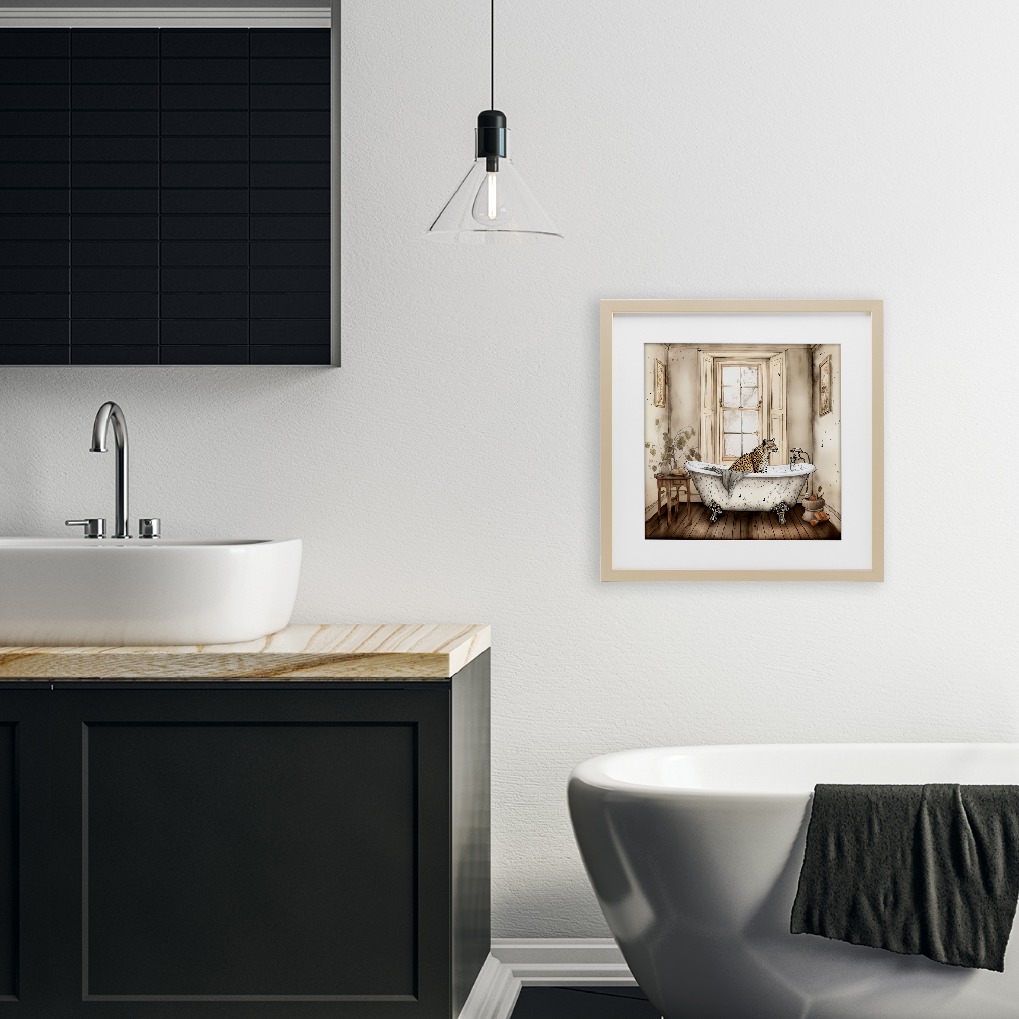 Neutral Leopard Bathtime Birch Framed Print Under Glass, design by Sasha