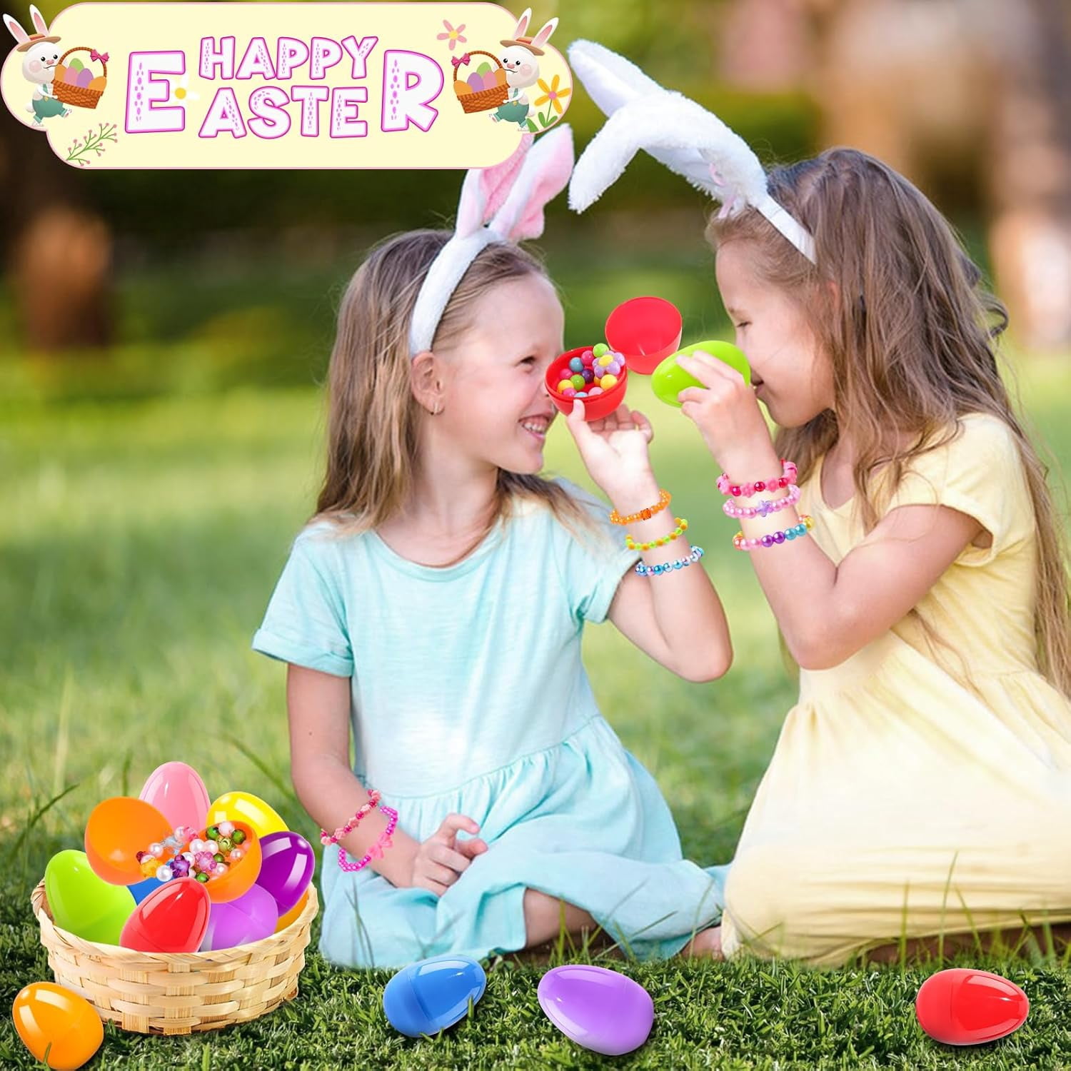 Prefilled Easter Eggs with Bracelets ,24 Pack Easter Basket Essentials Easter Basket Stuffers for Easter Eggs Hunt Game, Easters Party Favors for Girls