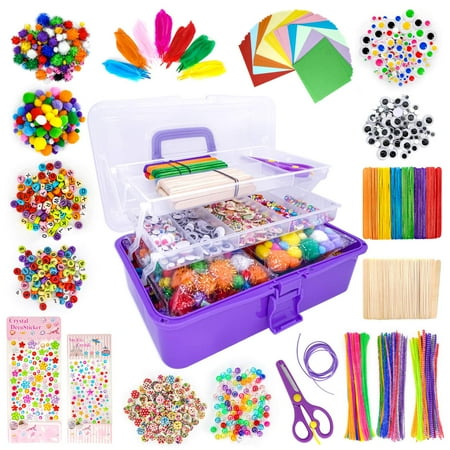 1405 Pcs Art and Craft Supplies for Kids Toddler DIY Craft Art Supply Set Included Pipe Cleaners Pom Poms Feather Folding Storage Box – All in One for Craft DIY Art Supplies (Purple) C80