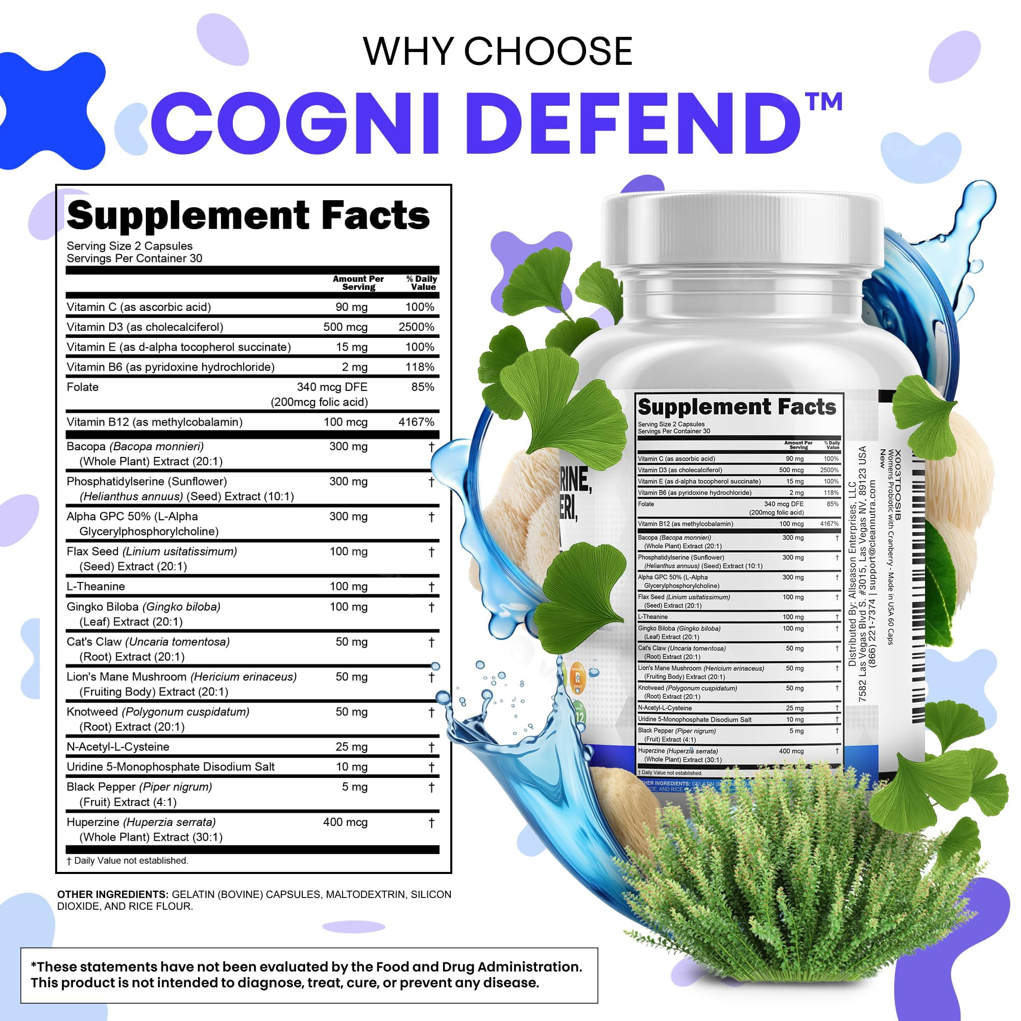 Brain Supplement Alpha GPC 300mg Phosphatidylserine Bacopa Monnieri Ginkgo Biloba Lions Mane Huperzine A L-Theanine NAC Nootropic Memory Focus Cognitive Support Vitamins B C D E 60 Capsules USA
