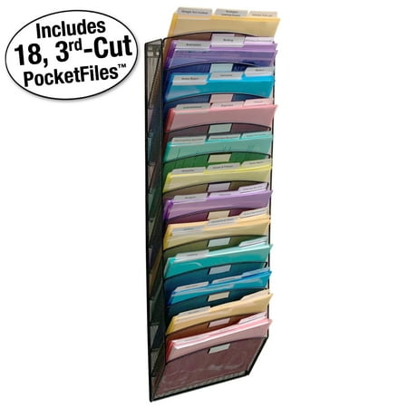 ultimate office mesh wall file organizer  12 tier vertical mount hanging file sorter. multipurpose display rack includes 18  3rd cut pocketfile clear document folder project pockets (black)
