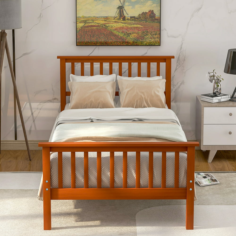 Twin Bed Frame with Headboard, Solid Wood Twin Platform Bed Frame w
