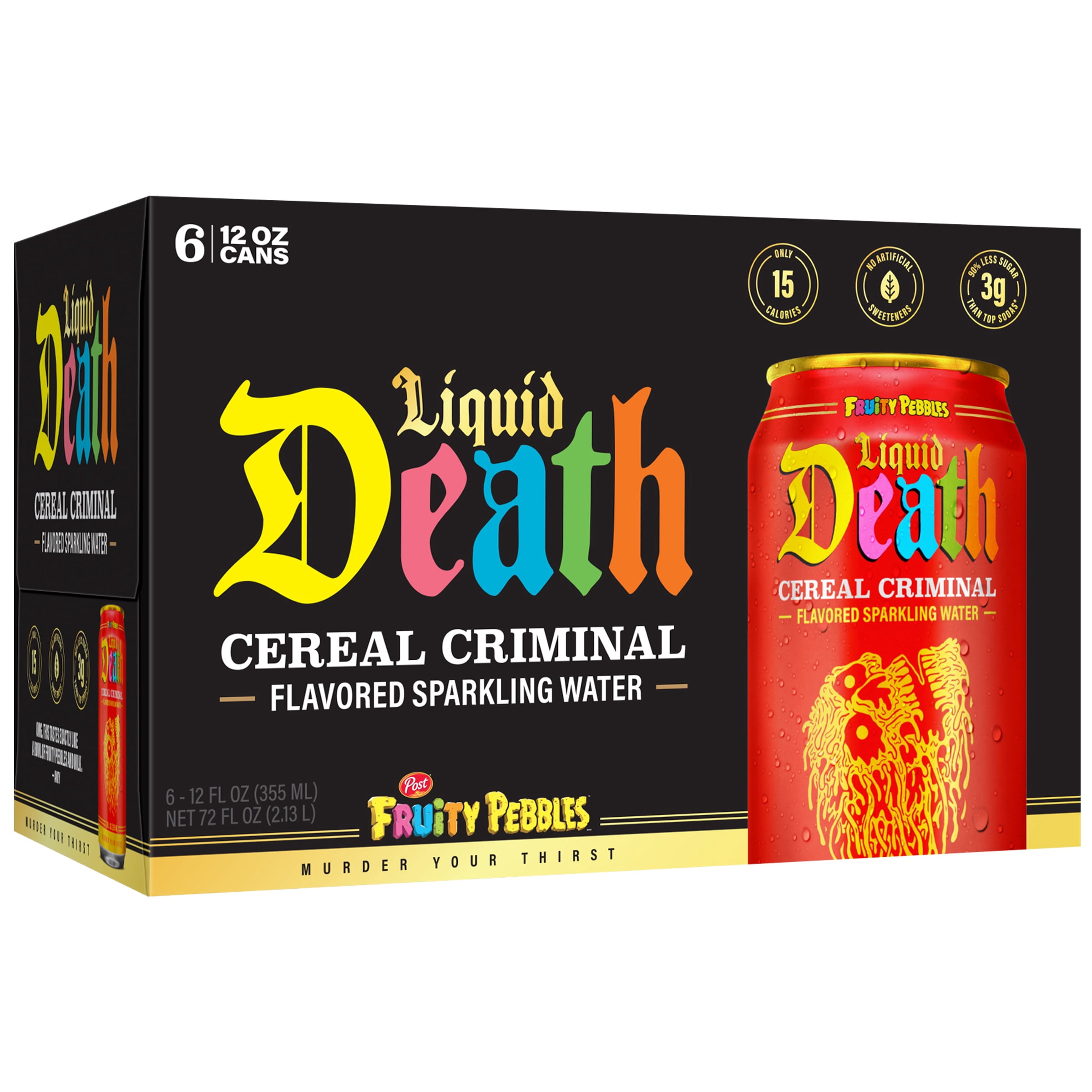 Liquid Death, Cereal Criminal, Fruitty Pebbles-Flavored Sparkling Water, 6-Pack (12oz Cans), Low Sugar, Huge Flavor & No Artificial Sweeteners