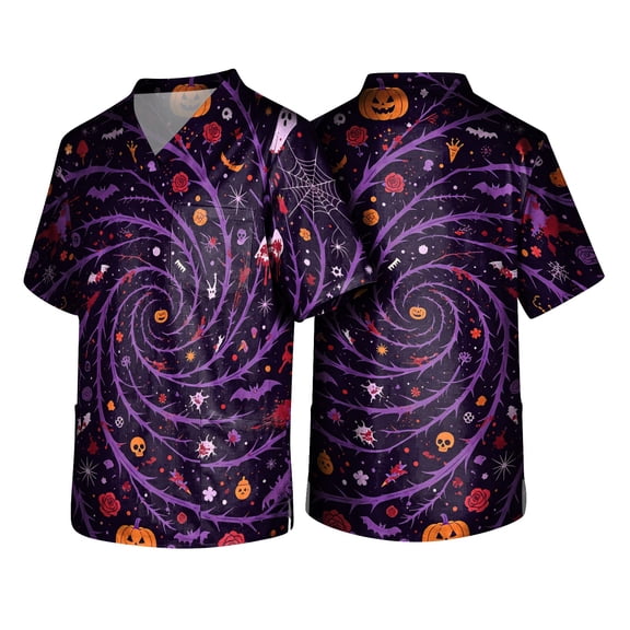 Halloween Scrub Tops for Men V Neck Short Sleeve Printed Nurse Comfort Medical Scrub Uniform Shirts with Pockets Navy L