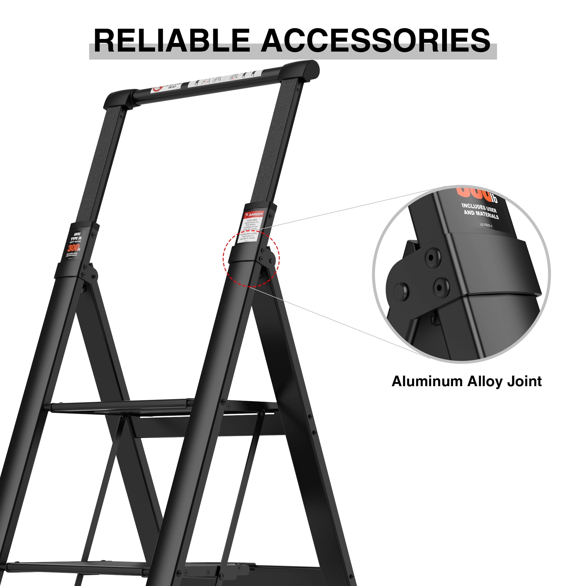 Kadyn Aluminum 3 Step Ladder, Retractable Ladder Folding Step Stool with Anti-Slip Wide Pedal, Portable Lightweight Ladder for Home and Office Use, Black