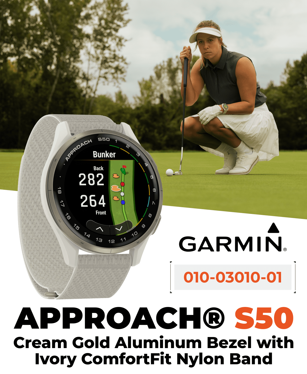 Garmin Approach S50 Golf GPS Smartwatch Cream Gold Aluminum Bezel with Ivory ComfortFit Nylon Band, CT1 Club Tracking Tags with Wearable4U Power Bank Bundle