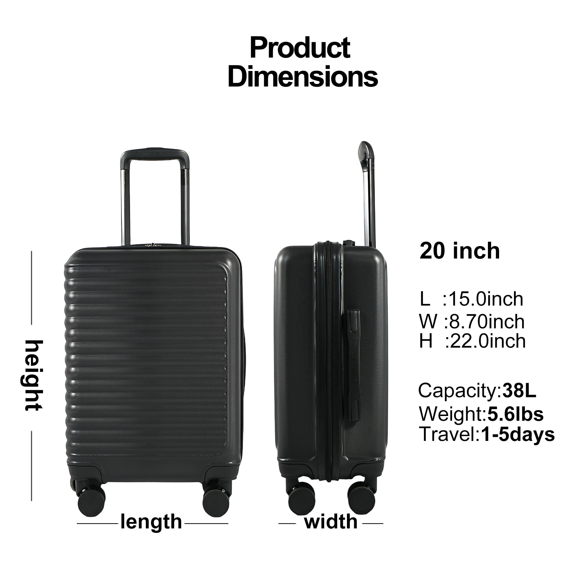 Travelhouse 20" Underseat Hard-Sided Carry-On Luggage, Spinner Wheels, ABS,Black