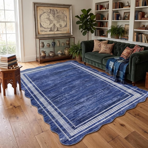 5x7 ft Scalloped Area Rug, Machine Washable Low Pile Rug with Non-Slip TPR Backing, Stain Resistant Soft Indoor Carpet for Living Room, Bedroom, Dining Room, Office,Navy Blue