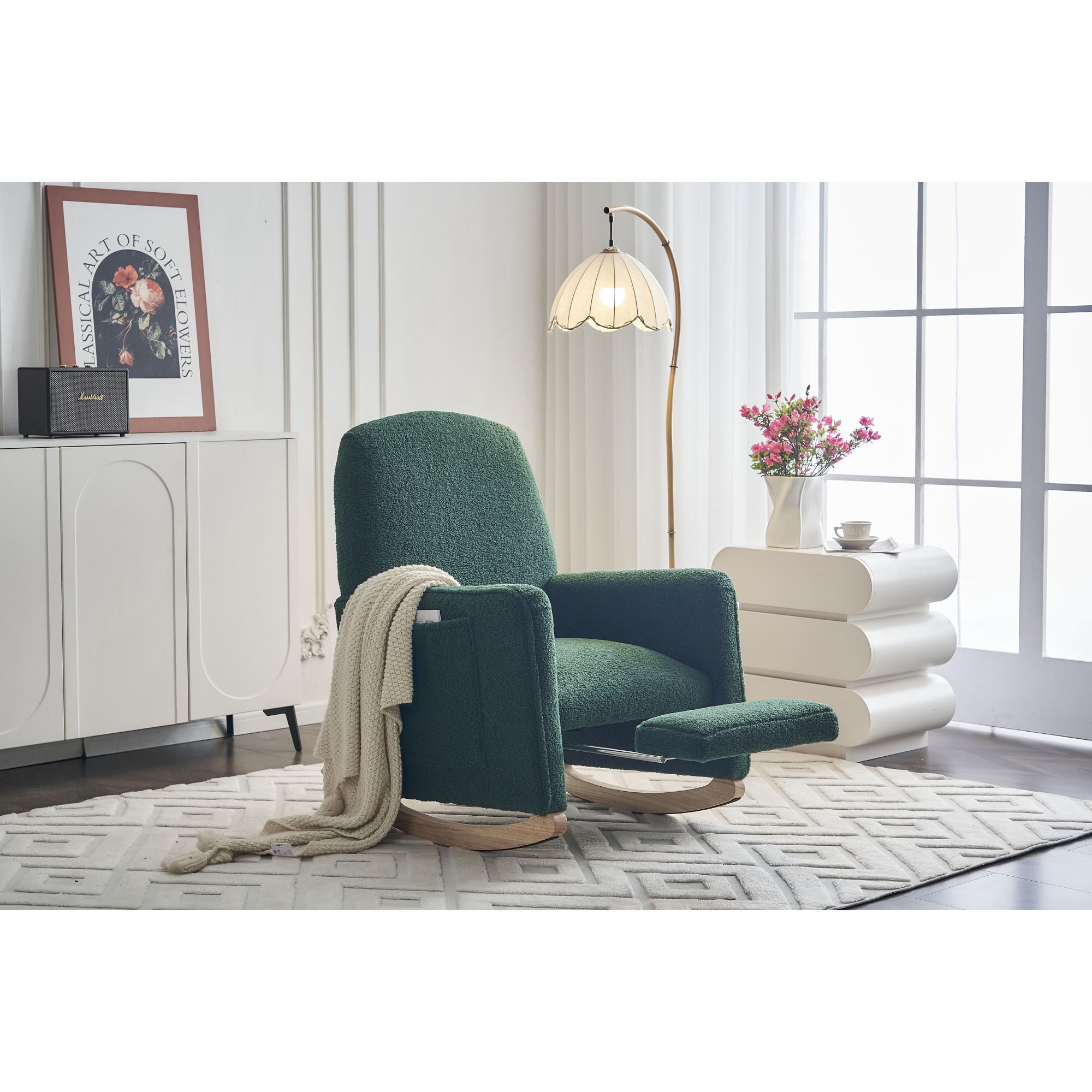Leumius Nursery Rocking Chair,Teddy Fabric Upholstered Glider Rocker Chair with Adjustable Footrest,Comfortable Rocker Recliner with Side Pocket for Living Room, Bedroom, Nursing Room,Green